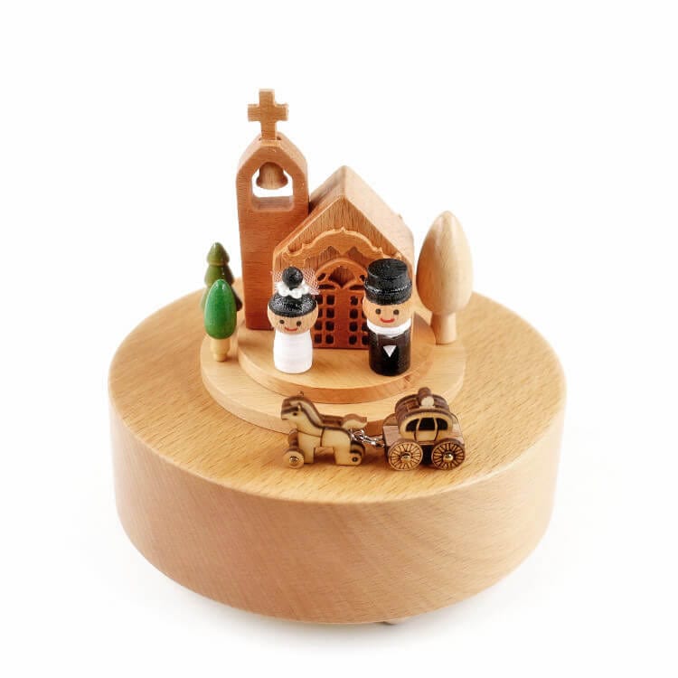 Electric Automatic Rotate Wooden music box-Wedding Church